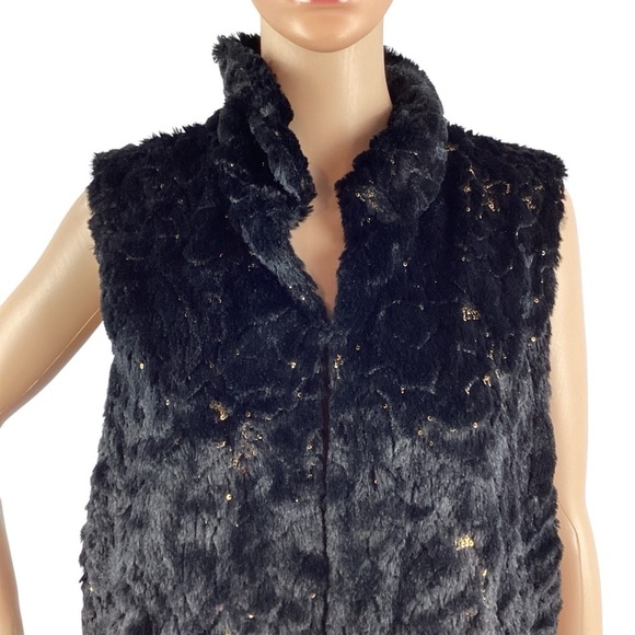 Betsey Johnson Faux Fur Gold Sequin Vest Size L Black - Picture 2 of 6